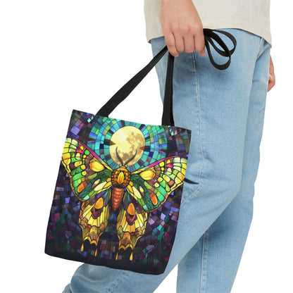 Mystic Moth & Moonlight Stained Glass Tote Bag, Enchanted Insect Design, Vibrant Accessory with Black Handles for Unique Style Statements