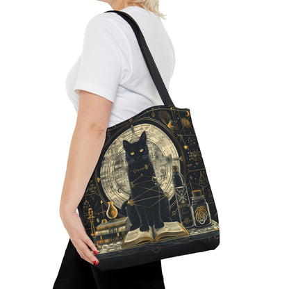 Black Cat & Spell Books Polyester Tote Bag (Double Sided), Dark Occult and Geometry Fashion, Polyester Material with Black Handles in 3 Sizes