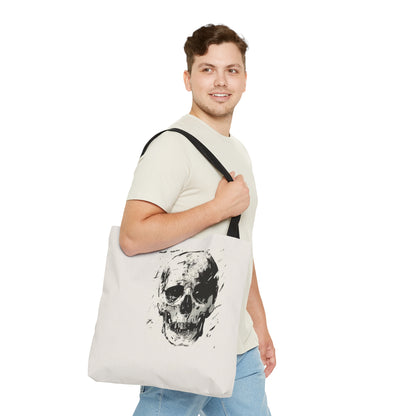 Grunge Skull Print Double Sided Tote Bag (3 Sizes), Monochrome Gothic Art Decor, Stylish Edgy Fashion, Black Handles, Minimalist Cryptic Aesthetic