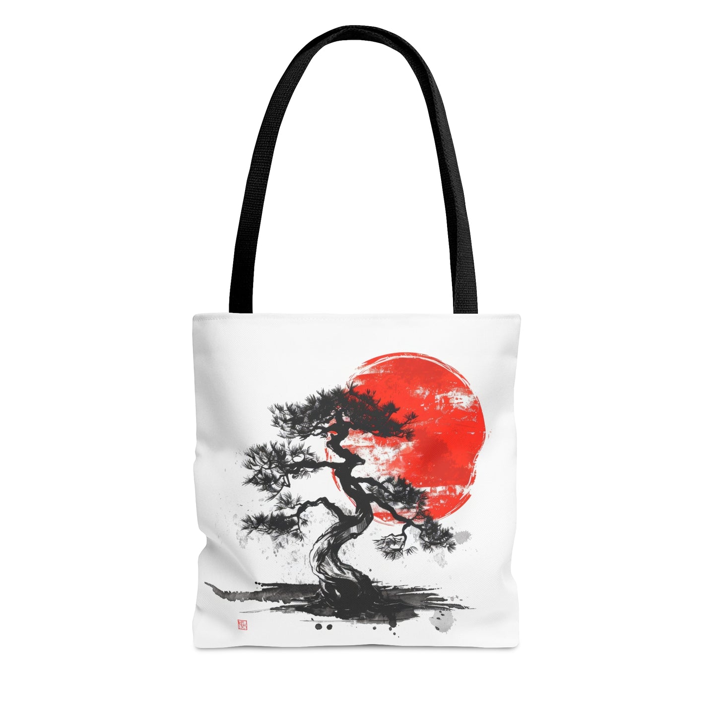 Traditional Chinese Bonsai & Red Sun Tote Bag (3 Sizes), Elegant Ink Wash Style Art, Serene Zen Fashion Style, Black Handles, Minimalist Aesthetic