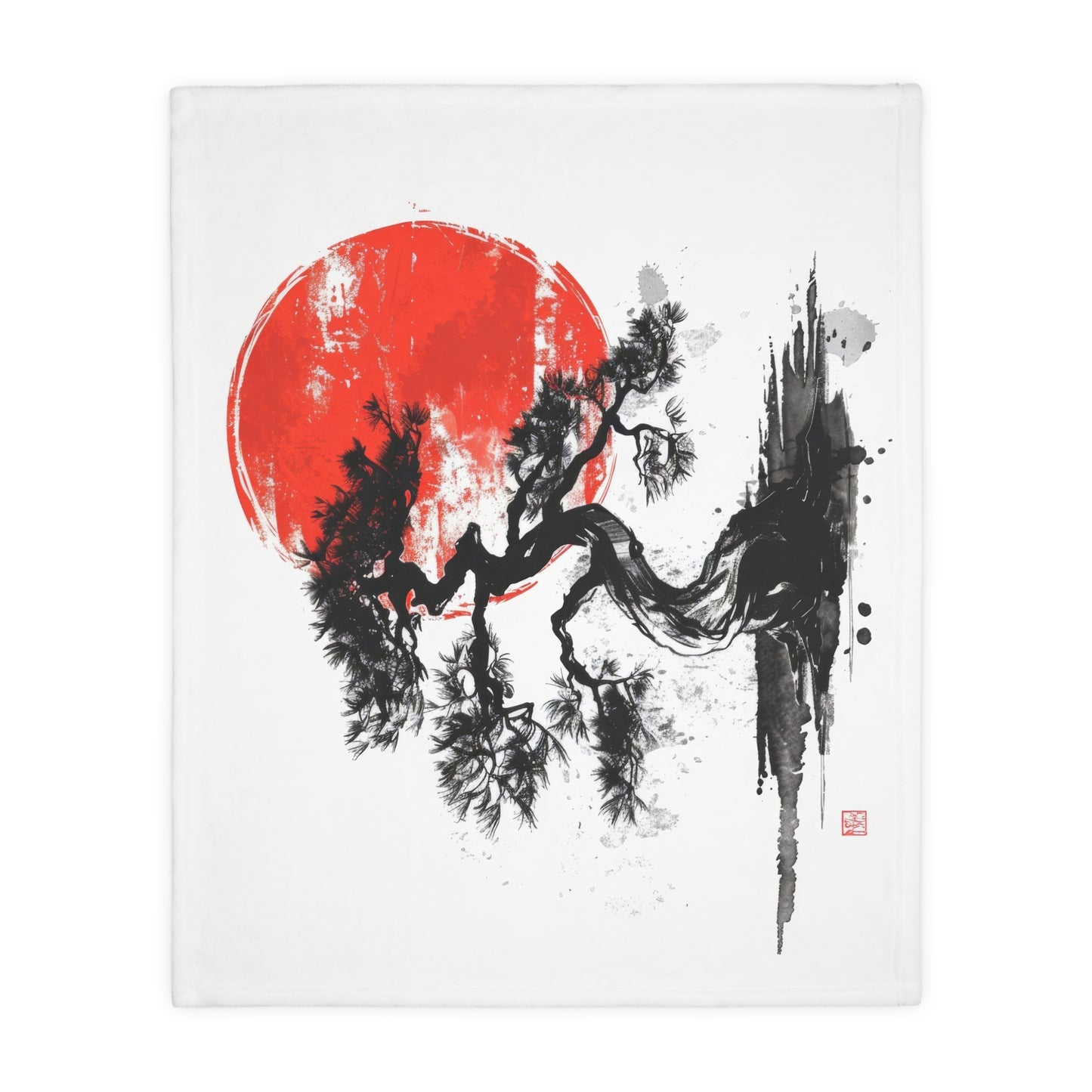 Traditional Chinese Bonsai & Red Sun 2-Sided Throw Blanket, Elegant Ink Wash Style Art, Serene Zen Decor for Home, Bedroom, Living Space, and Dorms