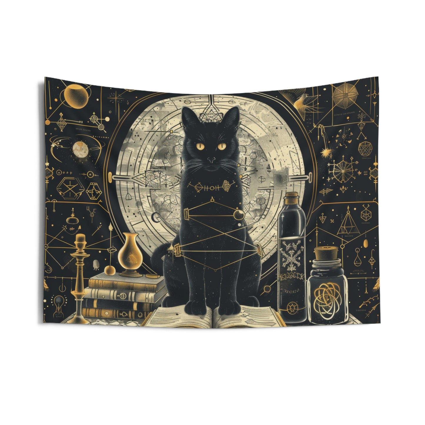 Mystical Black Cat & Magic Tomes Wall Tapestry, Enigmatic Occult Design with Geometric Patterns, Charming Decor for Bedrooms, Living Areas, and College Rooms