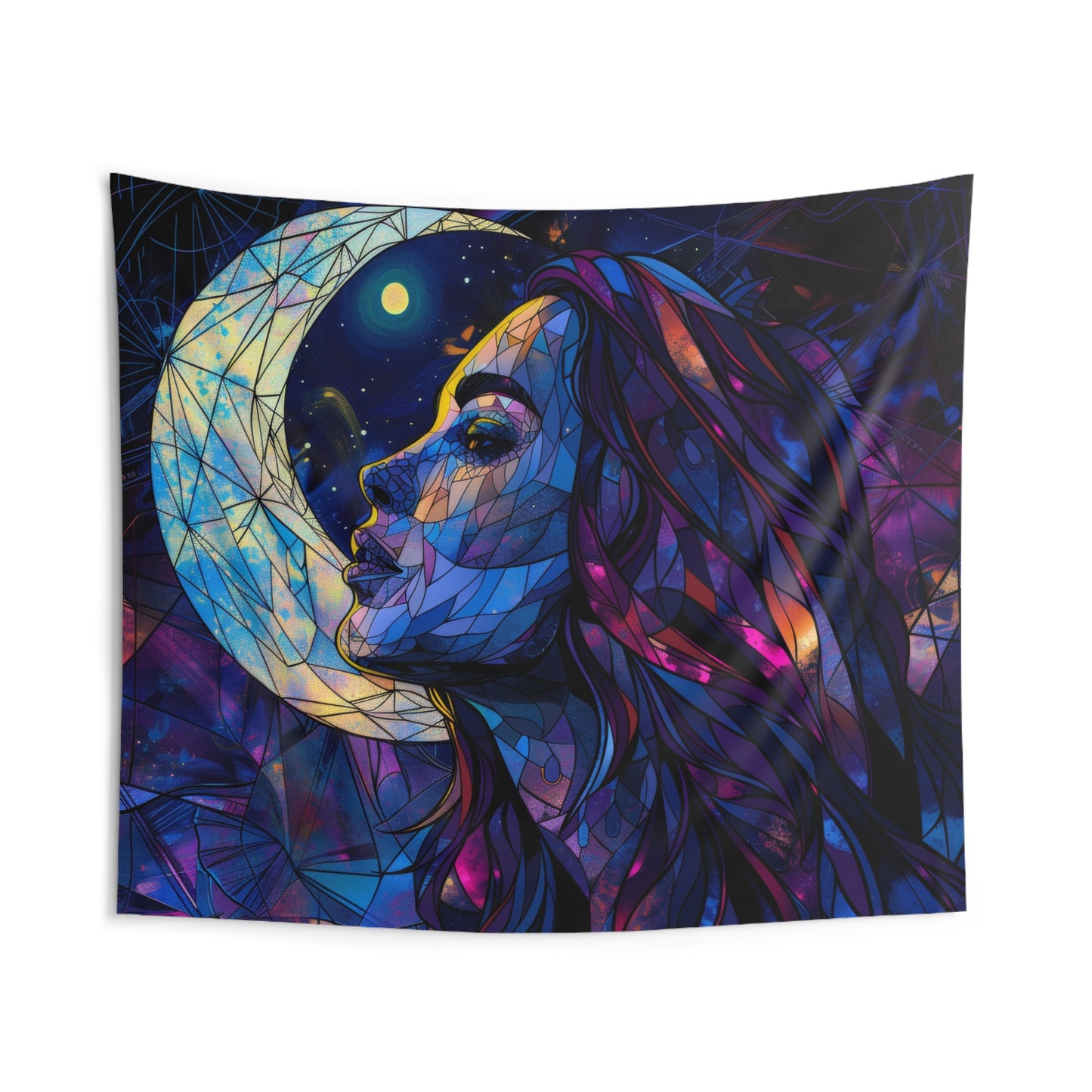 Starry-Eyed Lunar Goddess Stained Glass Wall Tapestry, Celestial Charm Decor, Enigmatic Beauty for Contemplative & Mystical Spaces