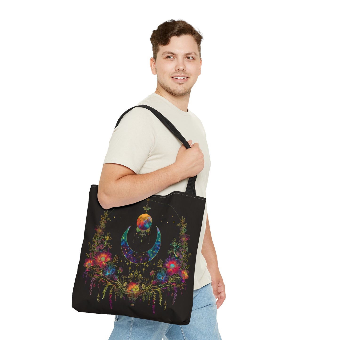 Celestial Garden Double-Sided Tote Bag, Cosmic Bloom Aesthetic, Moonlit Floral Symphony, Starlit Wilderness Design, Galactic Botanical Accessory