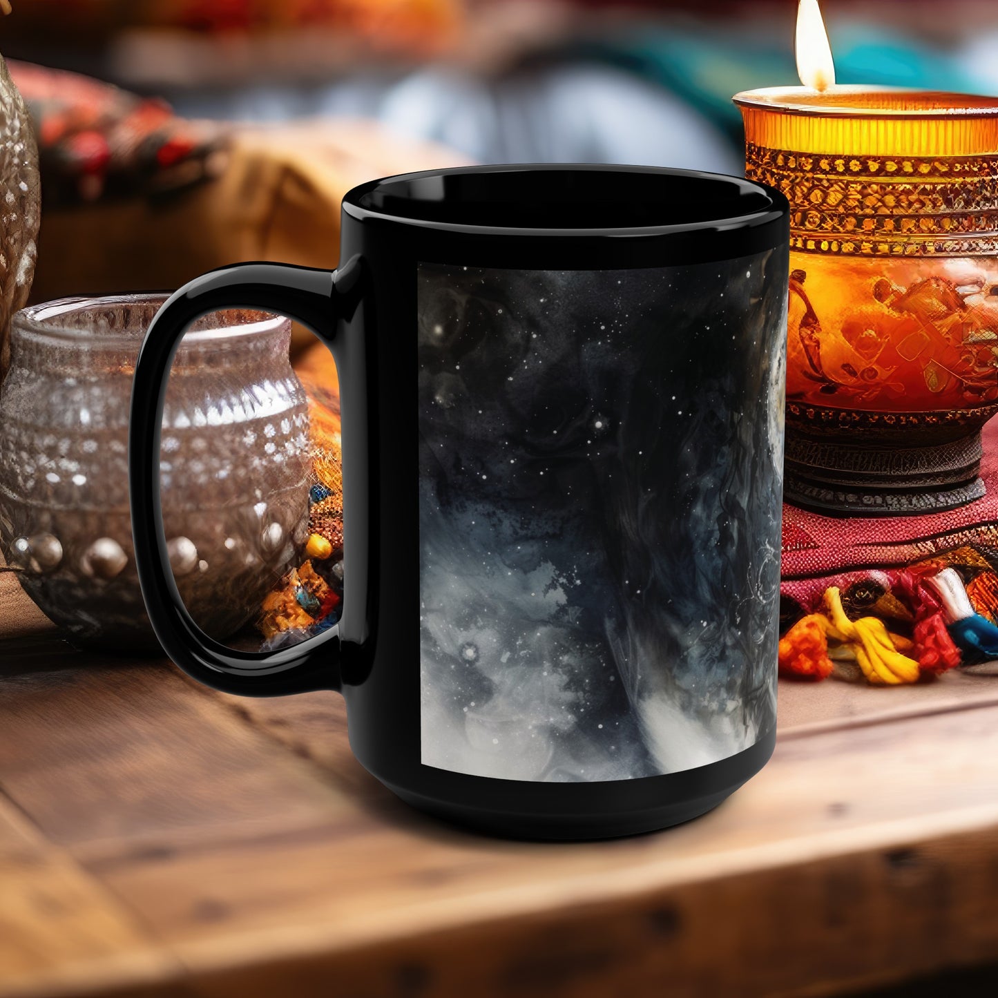 Nyx’s Nocturne 15oz Black Ceramic Mug, Greek Goddess of Night Design, Starlit Elegance, Cosmic Serenity Sipware