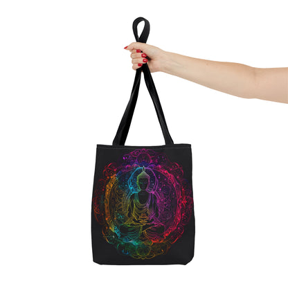 Buddha's Serene Mandala Double-Sided Tote Bag, Neon Enlightenment Motif, Spiritual Radiance, Zen Circle Design, Vibrant Meditation Accessory