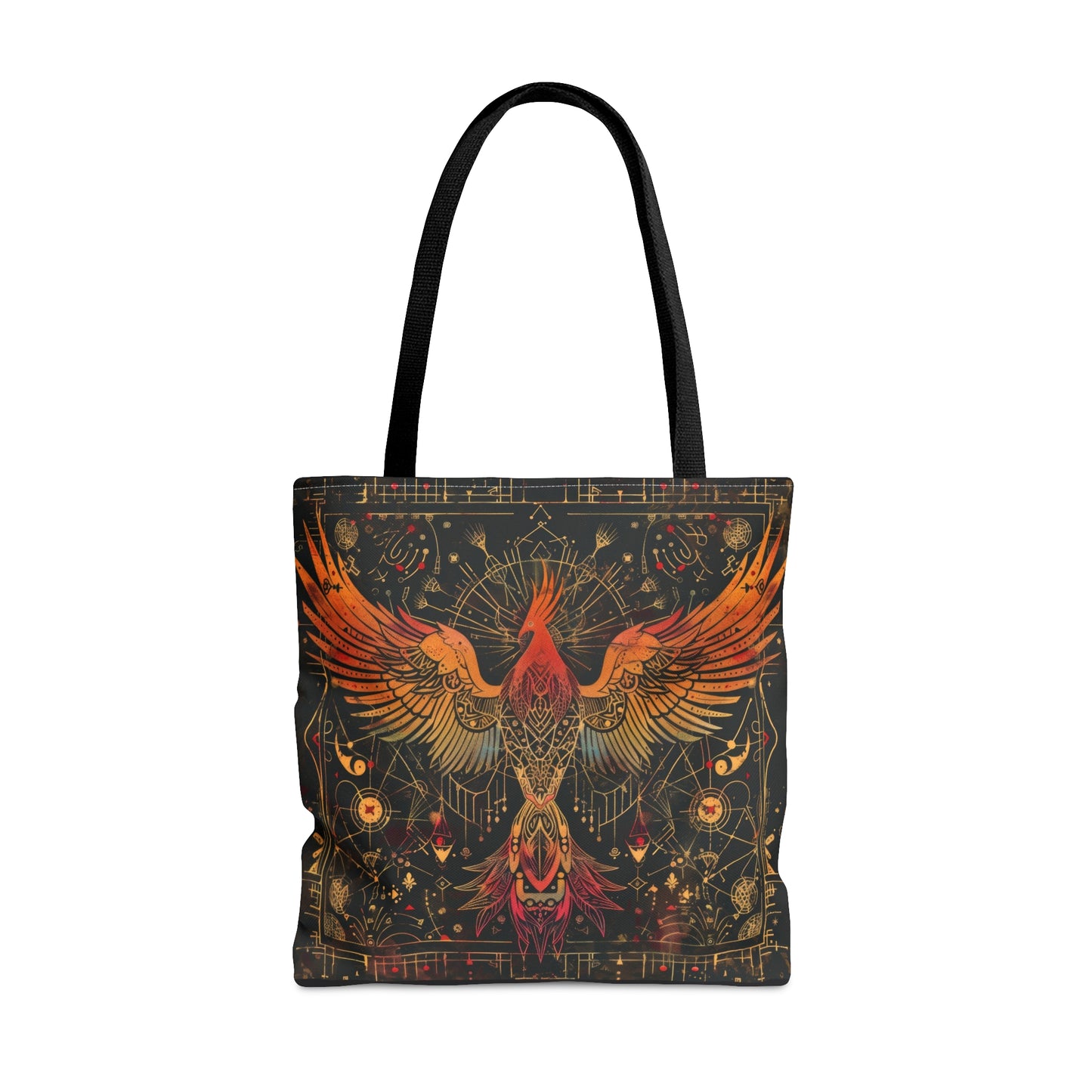 Rising Phoenix Polyester Tote Bag (Double Sided), Dark Occult and Sacred Geometry Inspired, Available in 3 Sizes with Black Handles