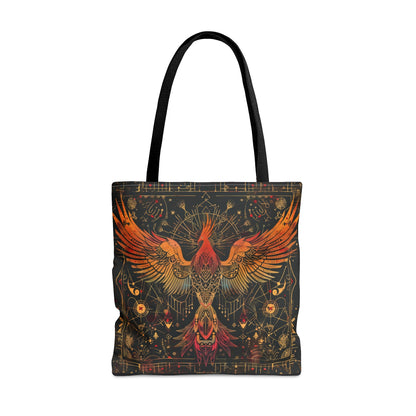 Rising Phoenix Polyester Tote Bag (Double Sided), Dark Occult and Sacred Geometry Inspired, Available in 3 Sizes with Black Handles