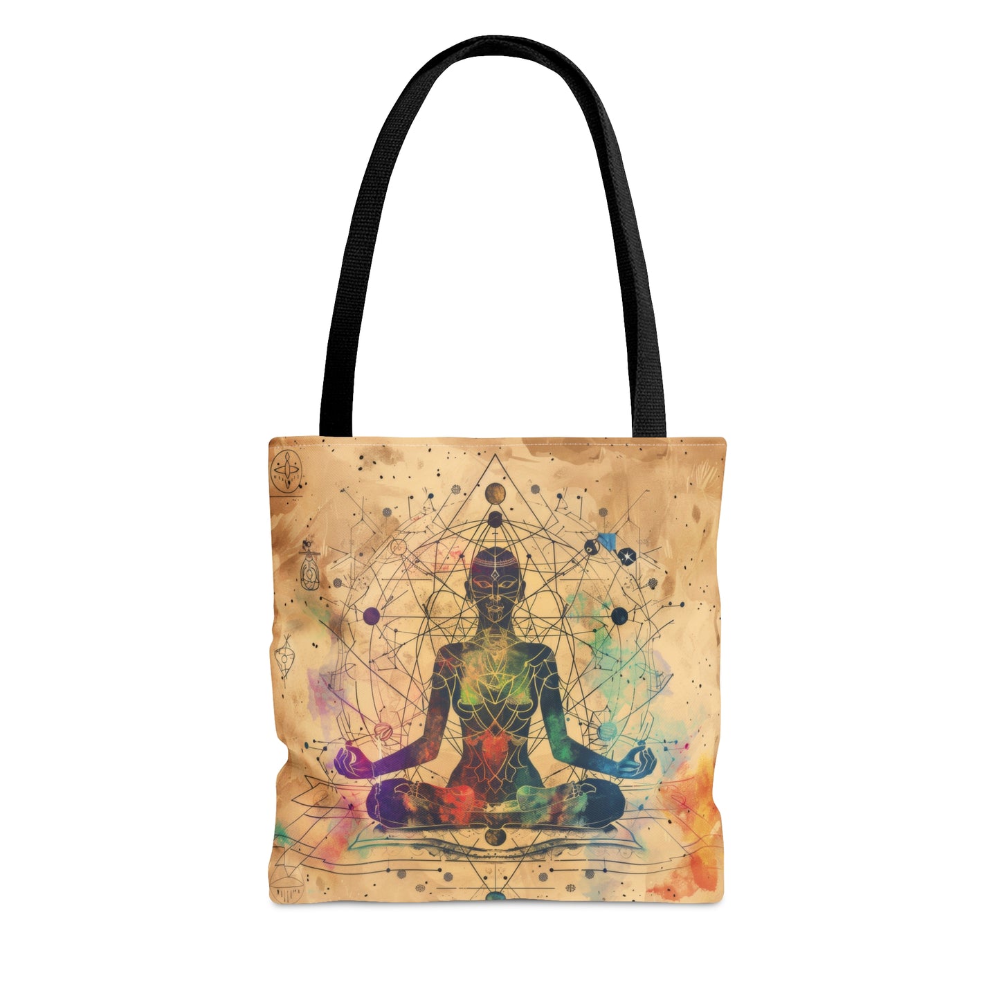 Cosmic Ether Goddess Polyester Tote Bag (Double Sided), Zen Nature Aesthetic, Sacred Geometry Style Fashion, 3 Sizes, Black Handles