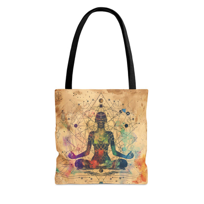 Cosmic Ether Goddess Polyester Tote Bag (Double Sided), Zen Nature Aesthetic, Sacred Geometry Style Fashion, 3 Sizes, Black Handles