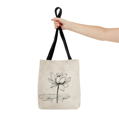 Lotus Flower Line Art Tote Bag (3 Sizes), Elegant Botanical Illustration, Peaceful Zen Fashion Style, Black Handles, Minimalist Aesthetic