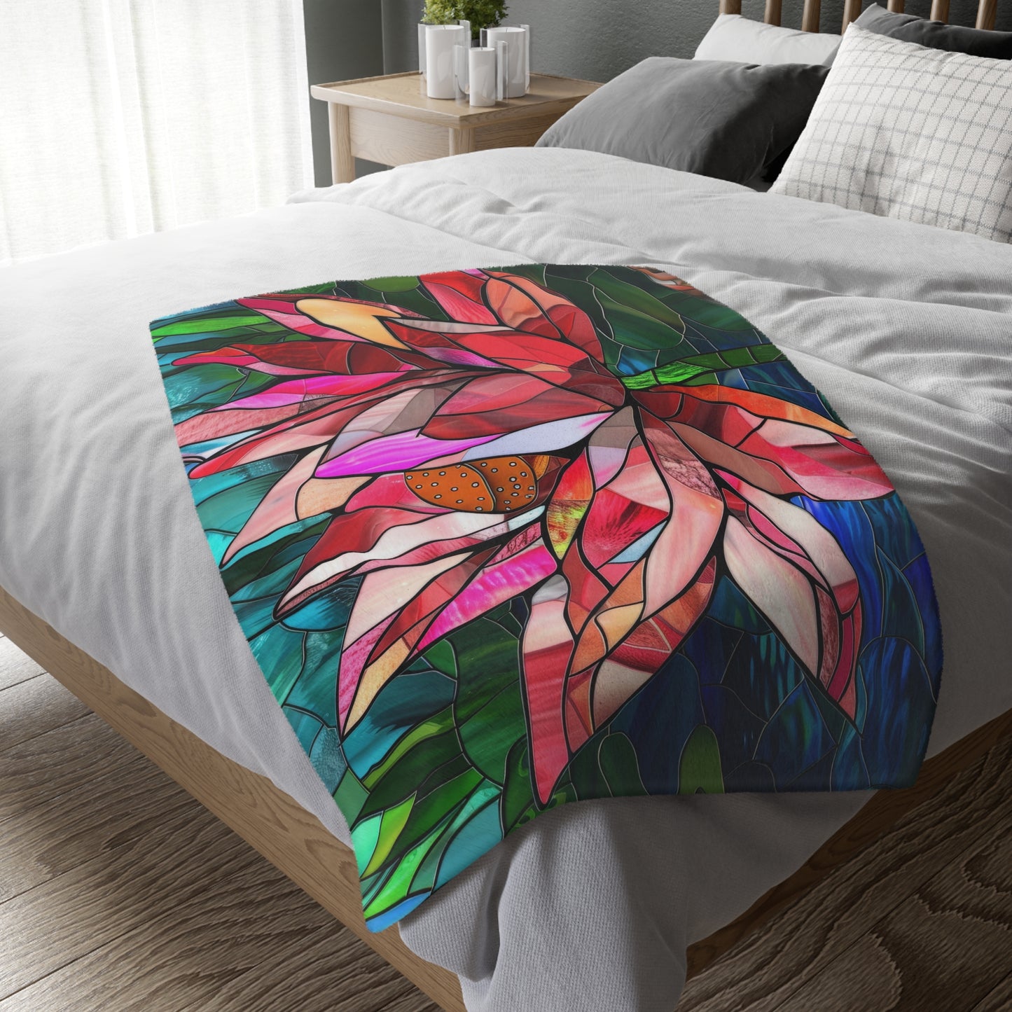 Stained Glass Lotus Blossom Double-Sided Throw Blanket, Vibrant Floral Comfort, Cozy Home Accent for Lounge & Relaxation Spaces