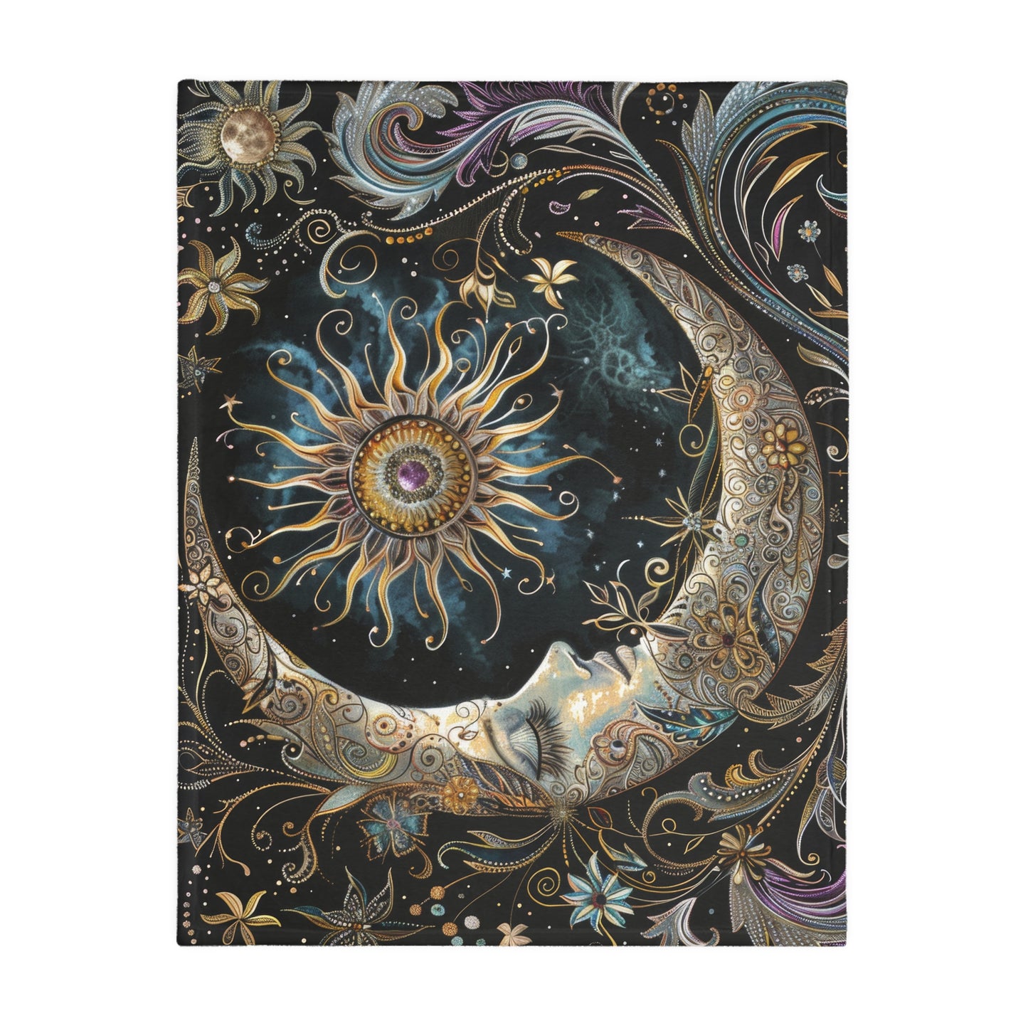 Crescent Moon & Sun Double Sided Throw Blanket, Folk Design, Art Nouveau  Aesthetic, Mystical Magical Bedroom, Living, and Dorm Room Decor