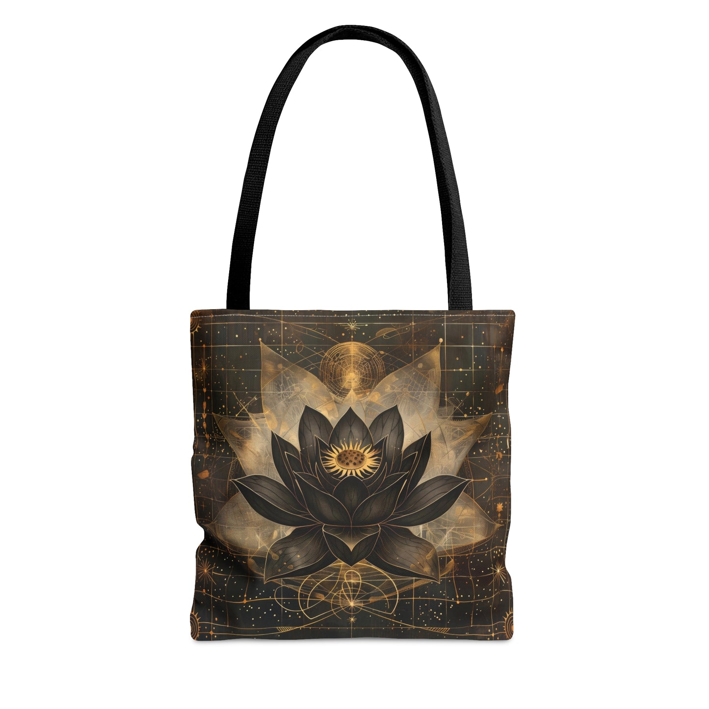 Black Lotus Blossom Polyester Tote Bag (Double Sided), Dark Occult and Sacred Geometry Inspired, Polyester with Black Handles in 3 Sizes