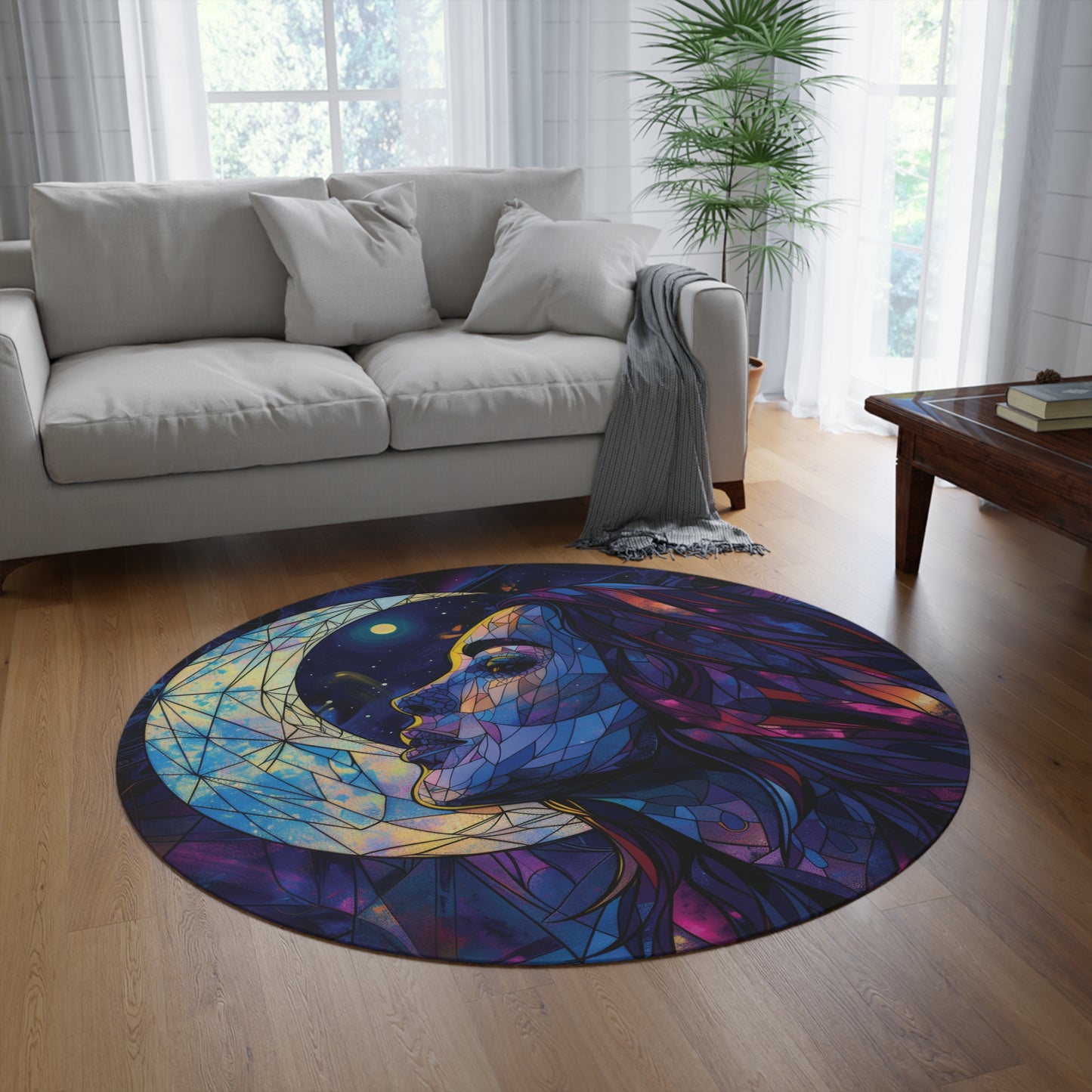 Moonlit Muse Stained Glass Chenille Round Rug, Celestial Lunar Goddess Design, Mystical Decor for Meditation & Tranquil Living Spaces