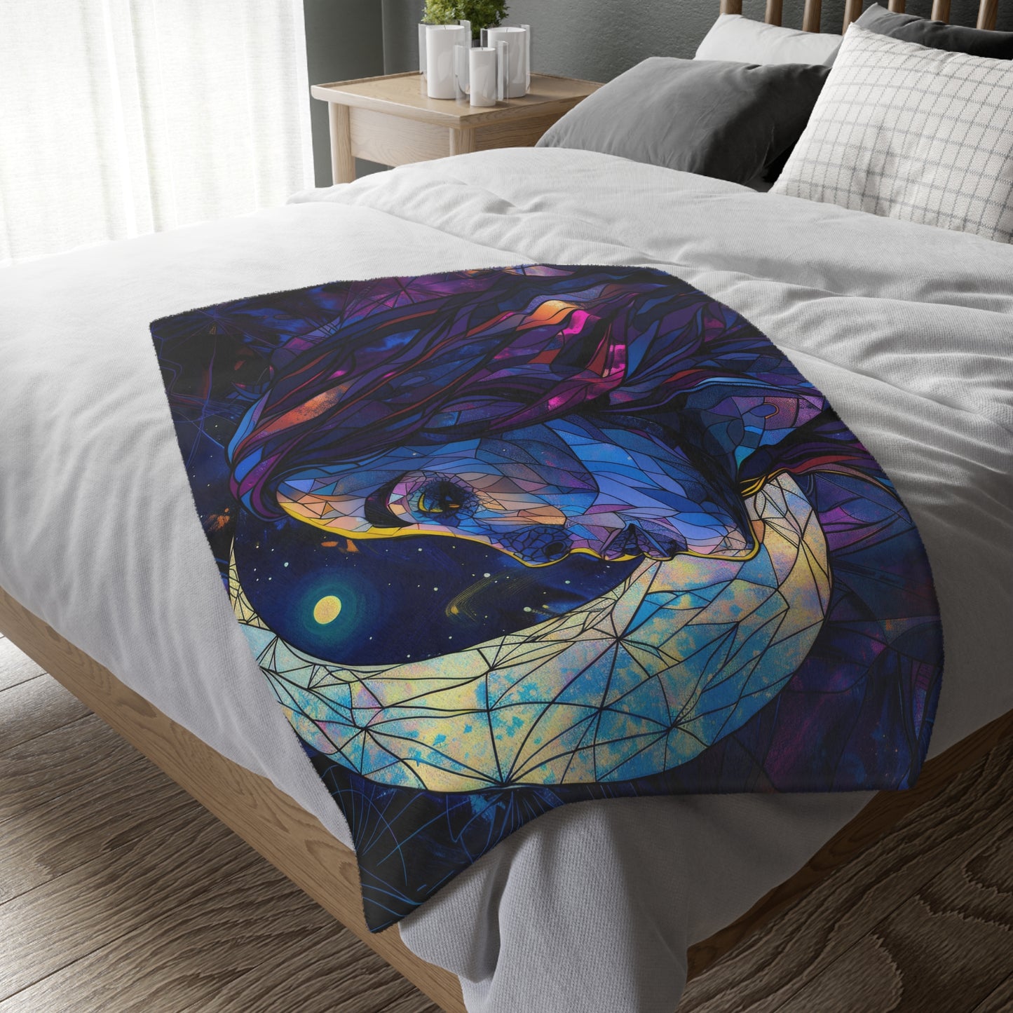 Moonlit Muse Stained Glass Double-Sided Throw Blanket, Lunar Goddess Illustration, Mystical Comfort for Nights & Cozy Spaces