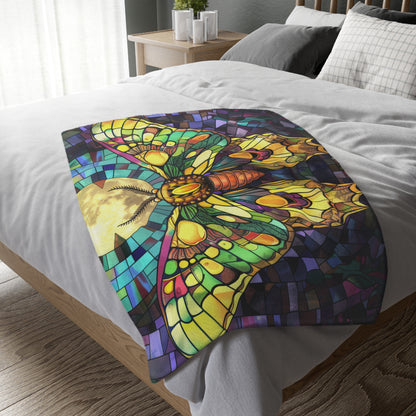 Illuminated Sunset Moth & Crescent Moon Stained Glass Double-Sided Throw Blanket, Luminous Winged Beauty, Luxurious Comfort for Restful Slumber