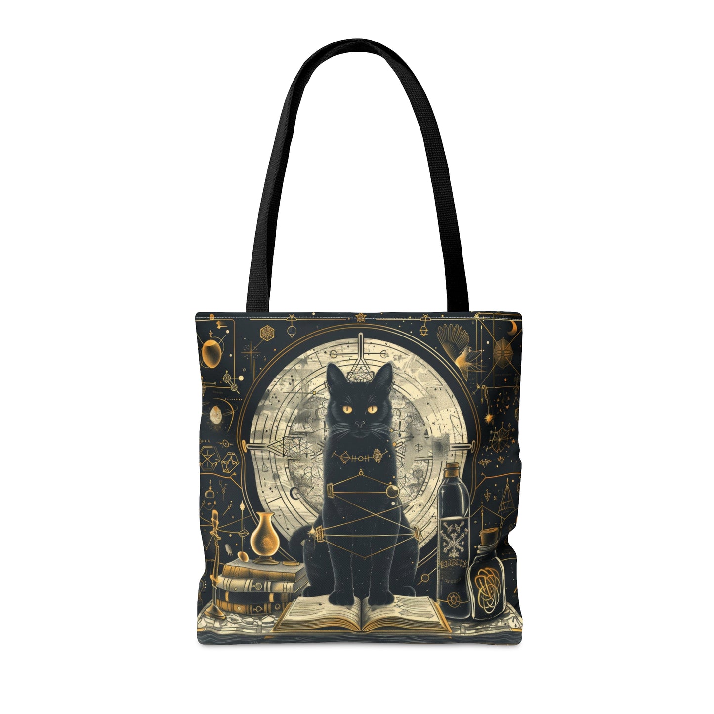 Black Cat & Spell Books Polyester Tote Bag (Double Sided), Dark Occult and Geometry Fashion, Polyester Material with Black Handles in 3 Sizes