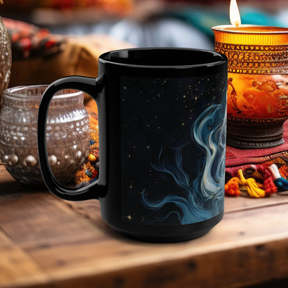 Selene's Moonlit Reverie 15oz Black Ceramic Mug, Goddess of the Moon Design, Celestial Elegance, Nocturnal Charm Sipware