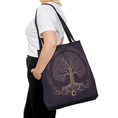 Mystic Purple Tree of Life Mandala Tote Bag – Dark Occult and Nature-Inspired Fashion, with Black Handles