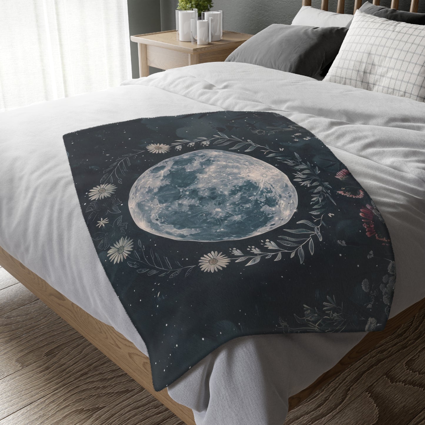 Full Moon & Wildflowers Double Sided Throw Blanket, Witchy Occult Design, Nature Lover Gift, Enchanting Aesthetic Bedroom and Living Room Decor