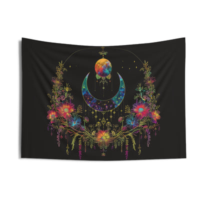 Celestial Garden Indoor Wall Tapestry, Cosmic Bloom Aesthetic, Moonlit Floral Symphony, Starlit Wilderness Design, Galactic Botanical Wall Art