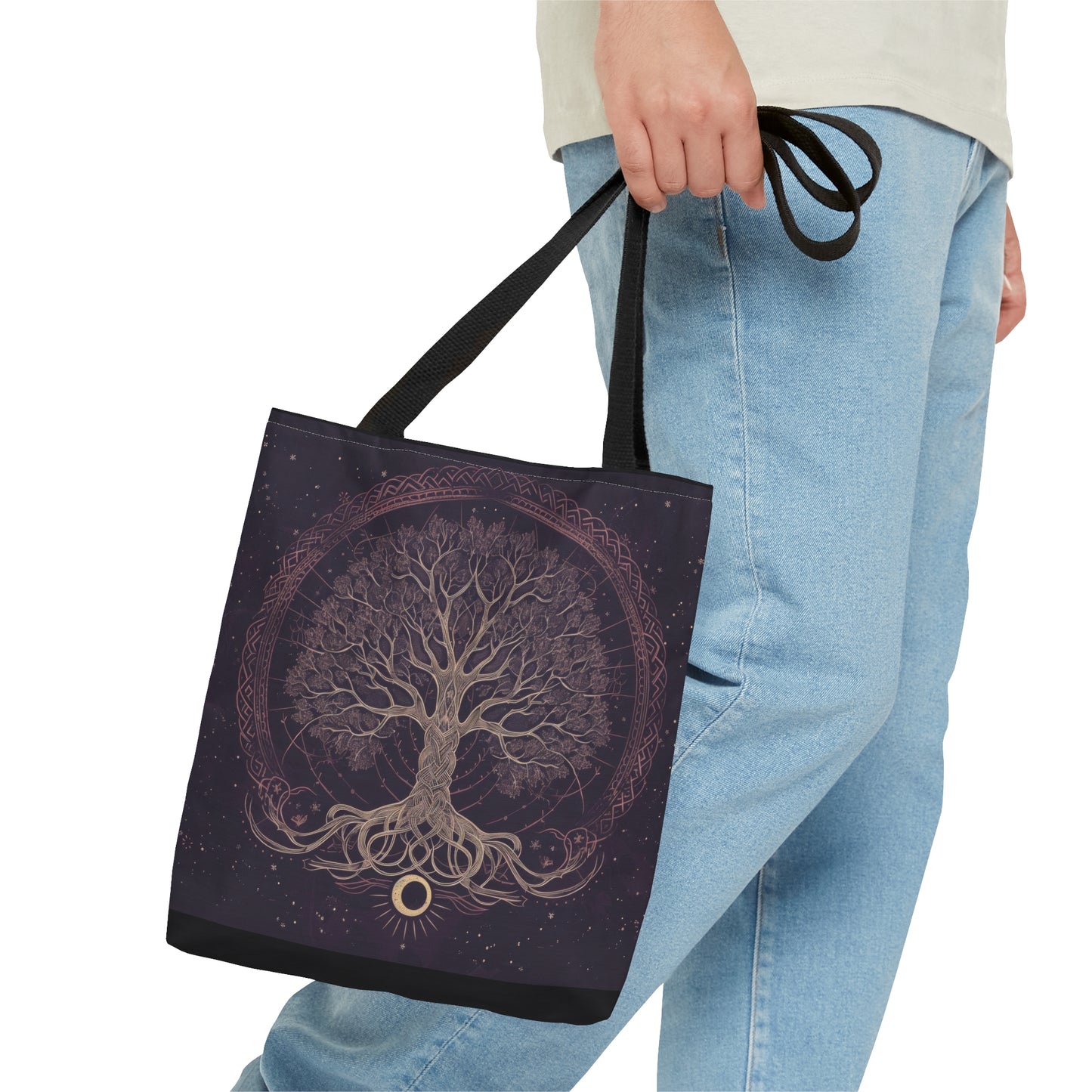 Mystic Purple Tree of Life Mandala Tote Bag – Dark Occult and Nature-Inspired Fashion, with Black Handles