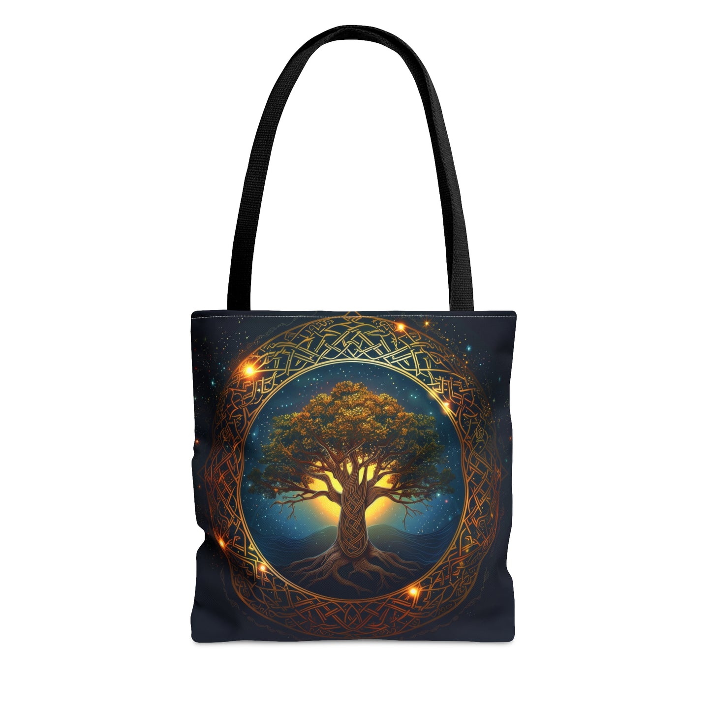 Celtic Tree of Life Mandala Double Sided Tote Bag, Ancient Occult Aesthetic, Folk Nature Fashion Style, 3 Sizes, Black Handles