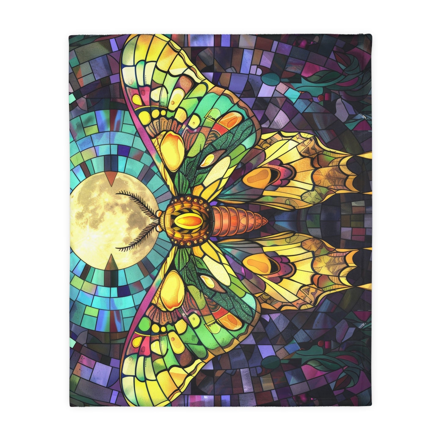 Illuminated Sunset Moth & Crescent Moon Stained Glass Double-Sided Throw Blanket, Luminous Winged Beauty, Luxurious Comfort for Restful Slumber