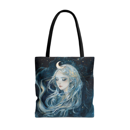 Selene's Moonlit Reverie Tote Bag, Dual-Sided Moon Goddess Design, Celestial Elegance, Ethereal Fashion Accessory