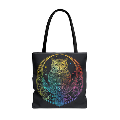 Lunar Sentinel Owl Double-Sided Tote Bag, Moonlit Avian Emblem, Cosmic Wisdom Design, Starry Night and Lunar Motif, Mystical Moonlit Accessory