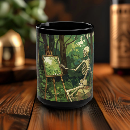 Skeleton Painting Landscape 15oz Coffee Mug, Dark Cottagecore Design, Gothic Folk Style Lover Tea Mug, Gift For Her, Black Handle