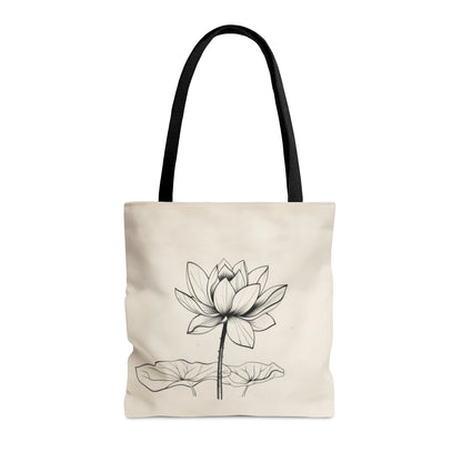 Lotus Flower Line Art Tote Bag (3 Sizes), Elegant Botanical Illustration, Peaceful Zen Fashion Style, Black Handles, Minimalist Aesthetic