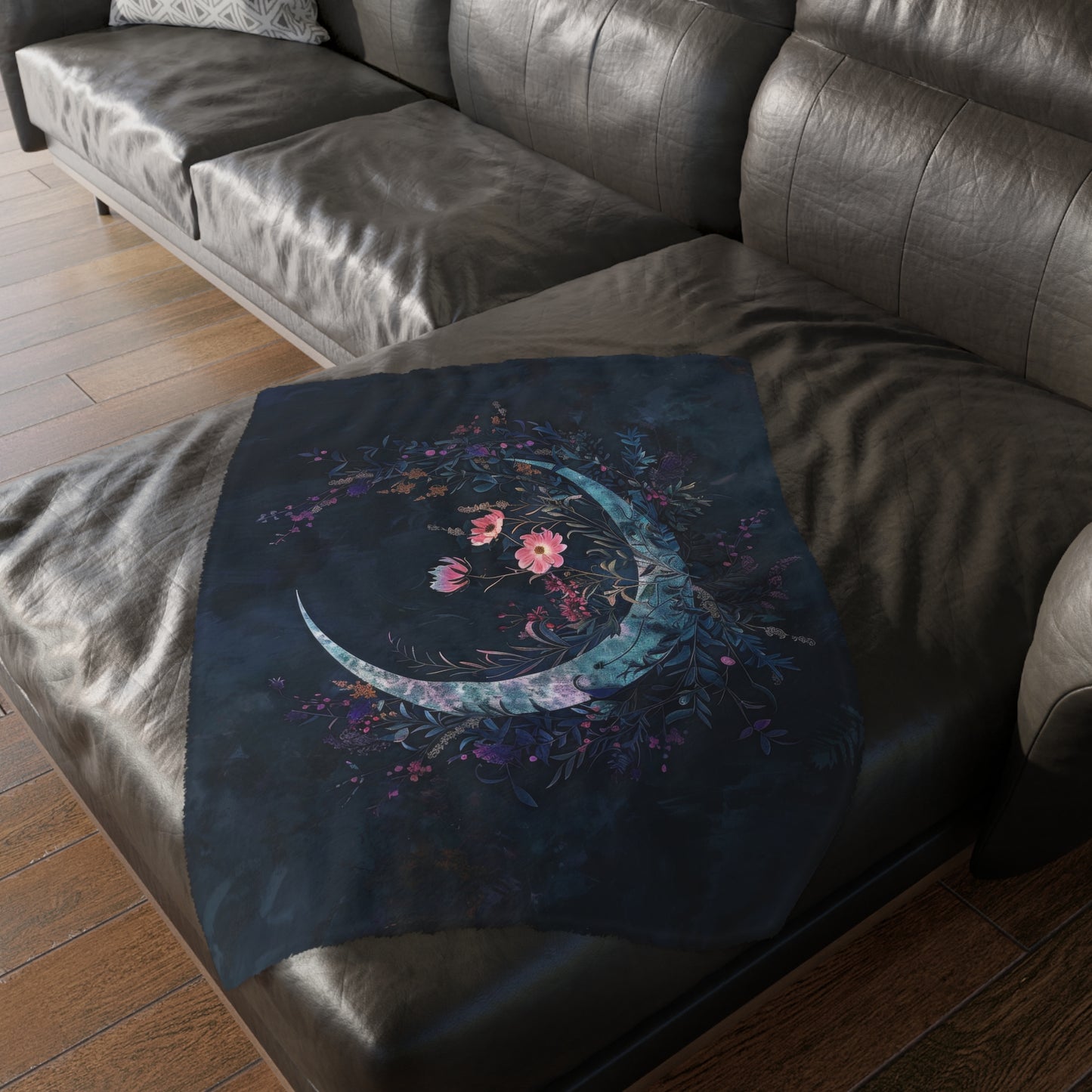 Crescent Moon & Wildflowers 2-Sided Throw Blanket, Witchy Occult Design, Moon Lover Gift, Enchanting Aesthetic Bedroom and Living Room Decor