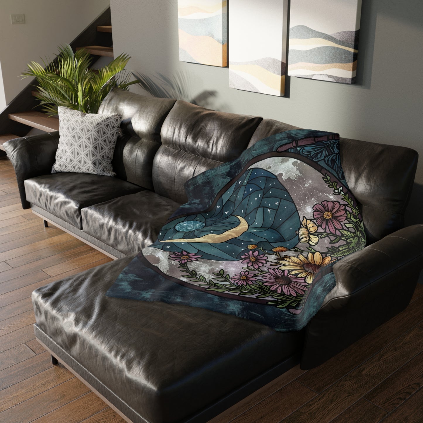 Nocturnal Blossom & Crescent Moon Stained Glass Double-Sided Throw Blanket, Starlit Floral Elegance, Soft Warmth for Evening Unwinding