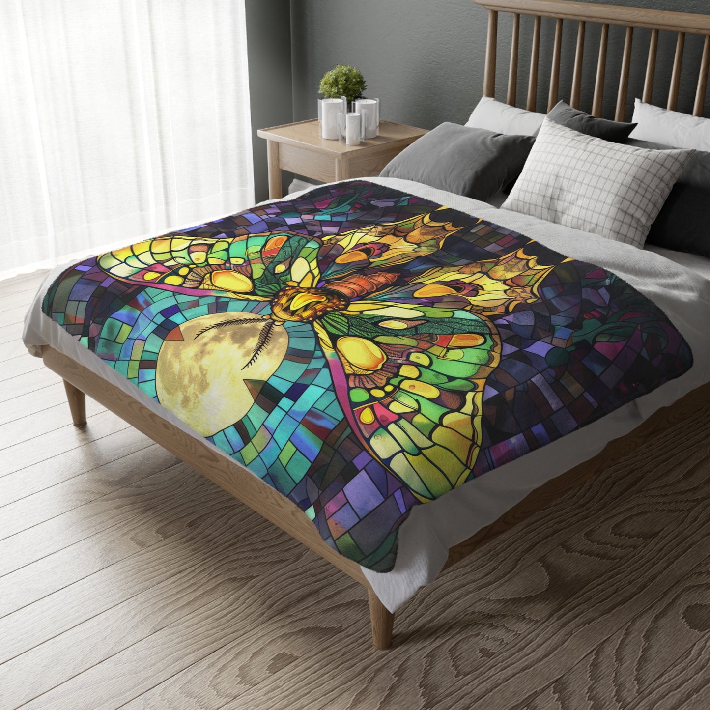 Illuminated Sunset Moth & Crescent Moon Stained Glass Double-Sided Throw Blanket, Luminous Winged Beauty, Luxurious Comfort for Restful Slumber