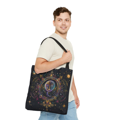 Rainbow Sun Electric Mandala Polyester Tote Bag (Double Sided), Colored Chalk Style, Sacred Geometry Designed Fashion, 3 Sizes, Black Handles