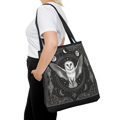 Mystical White Barn Owl Tote Bag – Dark Occult & Sacred Geometry Design, Durable Polyester in 3 Sizes with Black Handles