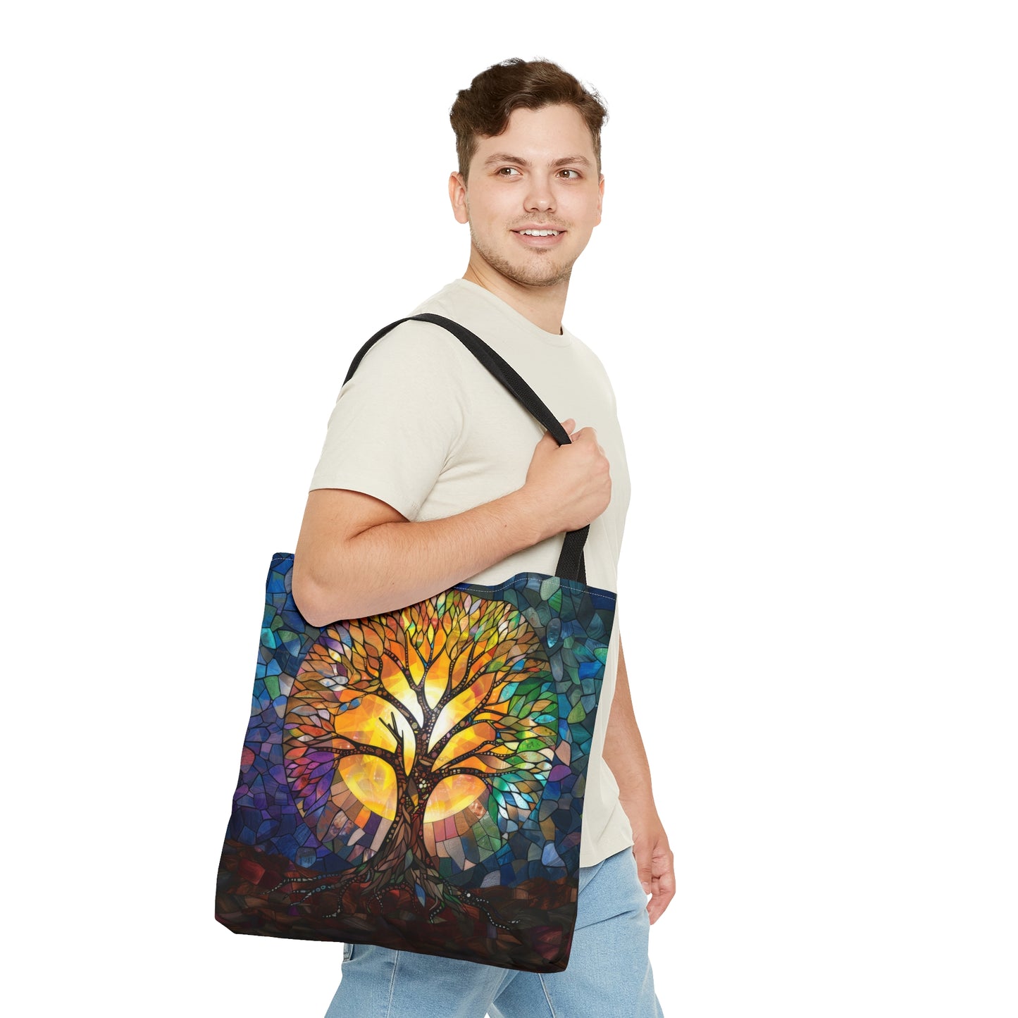 Tree of Life Stained Glass Art Tote Bag with Black Handles, Enchanting Nature Design, Multipurpose Bag for Everyday Elegance & Shopping