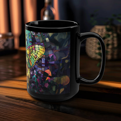 Sunset Moth & Moon 15oz Ceramic Mug, Stained Glass Imagery, Evening Serenity Coffee Cup, Inspirational Art for Night Owls & Dreamers