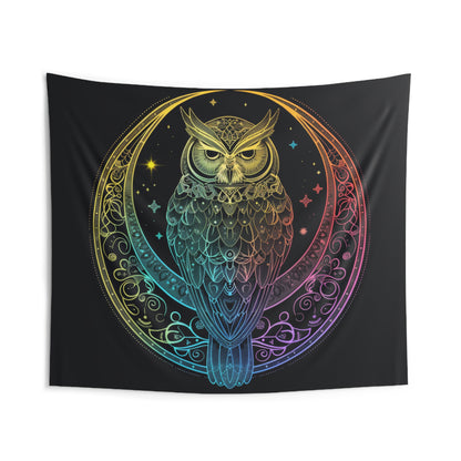 Lunar Sentinel Owl Indoor Wall Tapestry, Moonlit Avian Emblem, Cosmic Wisdom Design, Starry Night and Lunar Motif, Mystical Moonlit Wall Art