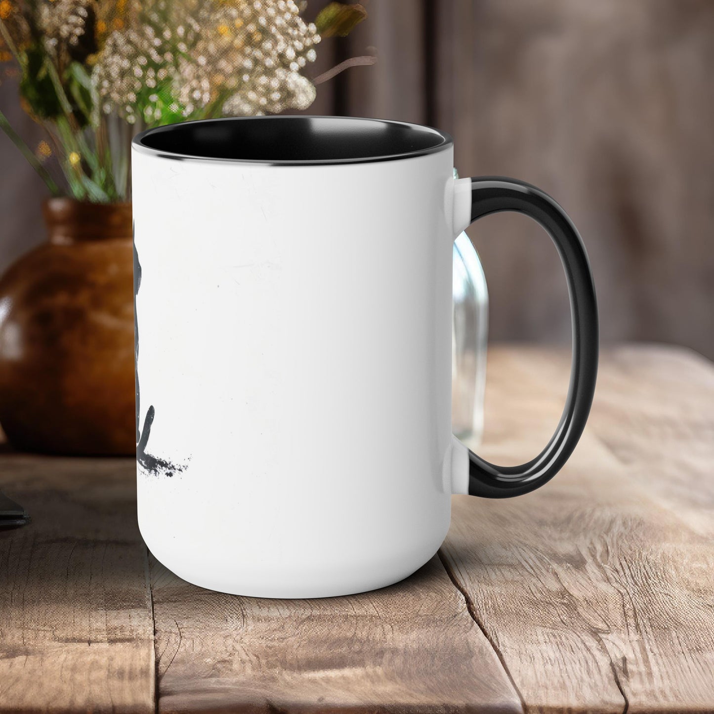 Contemplative Cat 15oz Mug, Artistic Silhouette Design with Black Handle and Interior, Chic and Stylish Coffee Cup for Cat Lovers