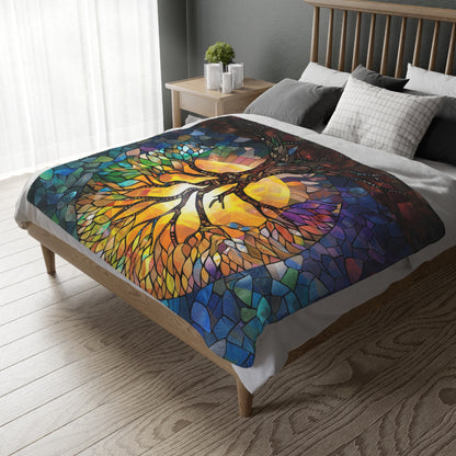 Tree of Life Stained Glass Double-Sided Throw Blanket, Vivid Nature Tapestry, Cozy Decorative Comfort for Home & Serene Retreat Spaces