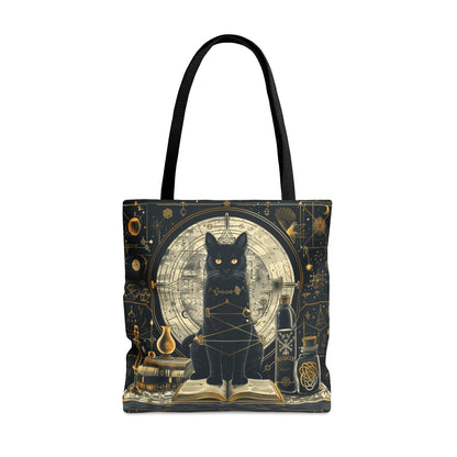 Black Cat & Spell Books Polyester Tote Bag (Double Sided), Dark Occult and Geometry Fashion, Polyester Material with Black Handles in 3 Sizes