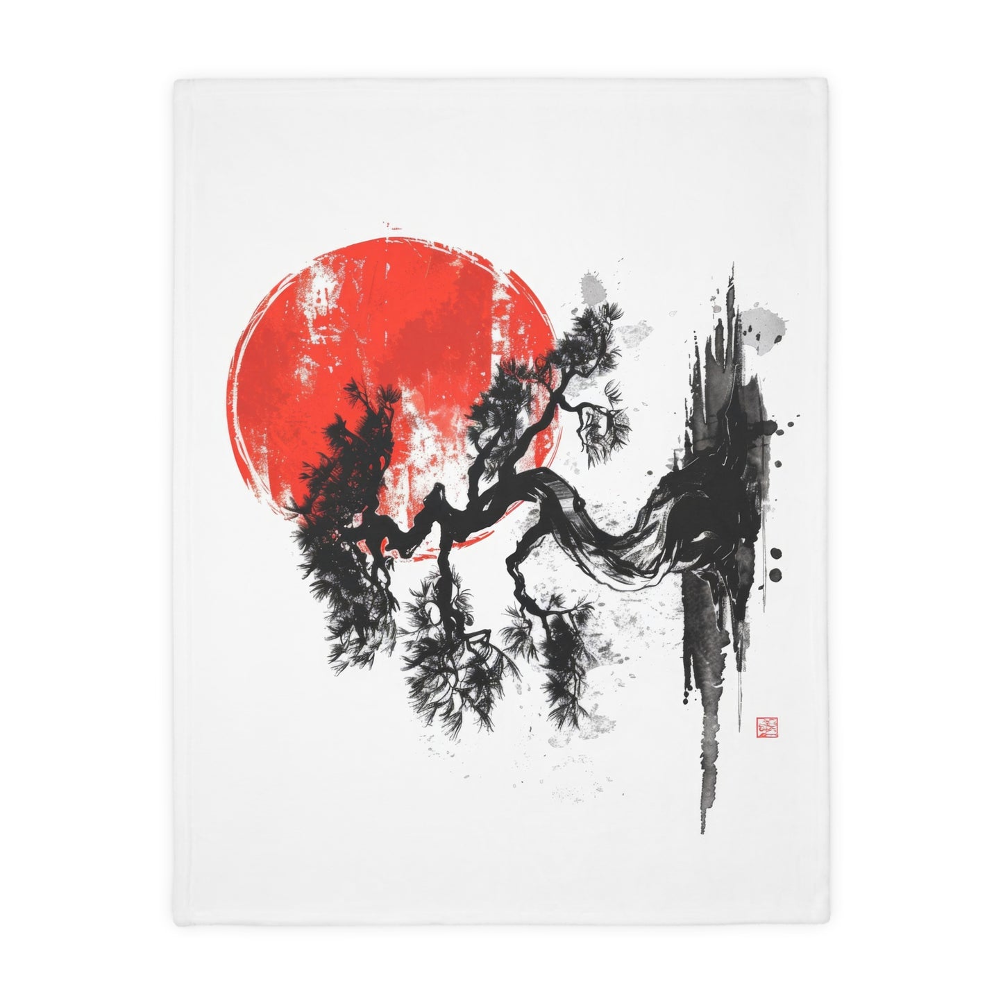 Traditional Chinese Bonsai & Red Sun 2-Sided Throw Blanket, Elegant Ink Wash Style Art, Serene Zen Decor for Home, Bedroom, Living Space, and Dorms