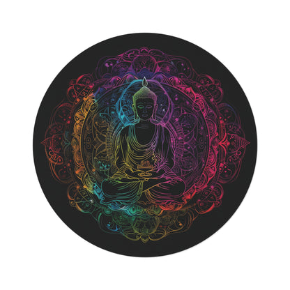 Buddha's Serene Mandala Round Chenille Area Rug, Neon Enlightenment Motif, Spiritual Radiance, Zen Circle Design, Vibrant Meditation Decor