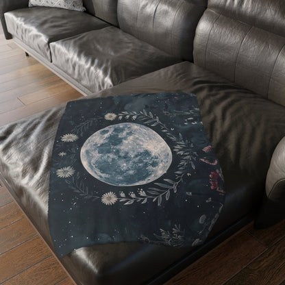 Full Moon & Wildflowers Double Sided Throw Blanket, Witchy Occult Design, Nature Lover Gift, Enchanting Aesthetic Bedroom and Living Room Decor