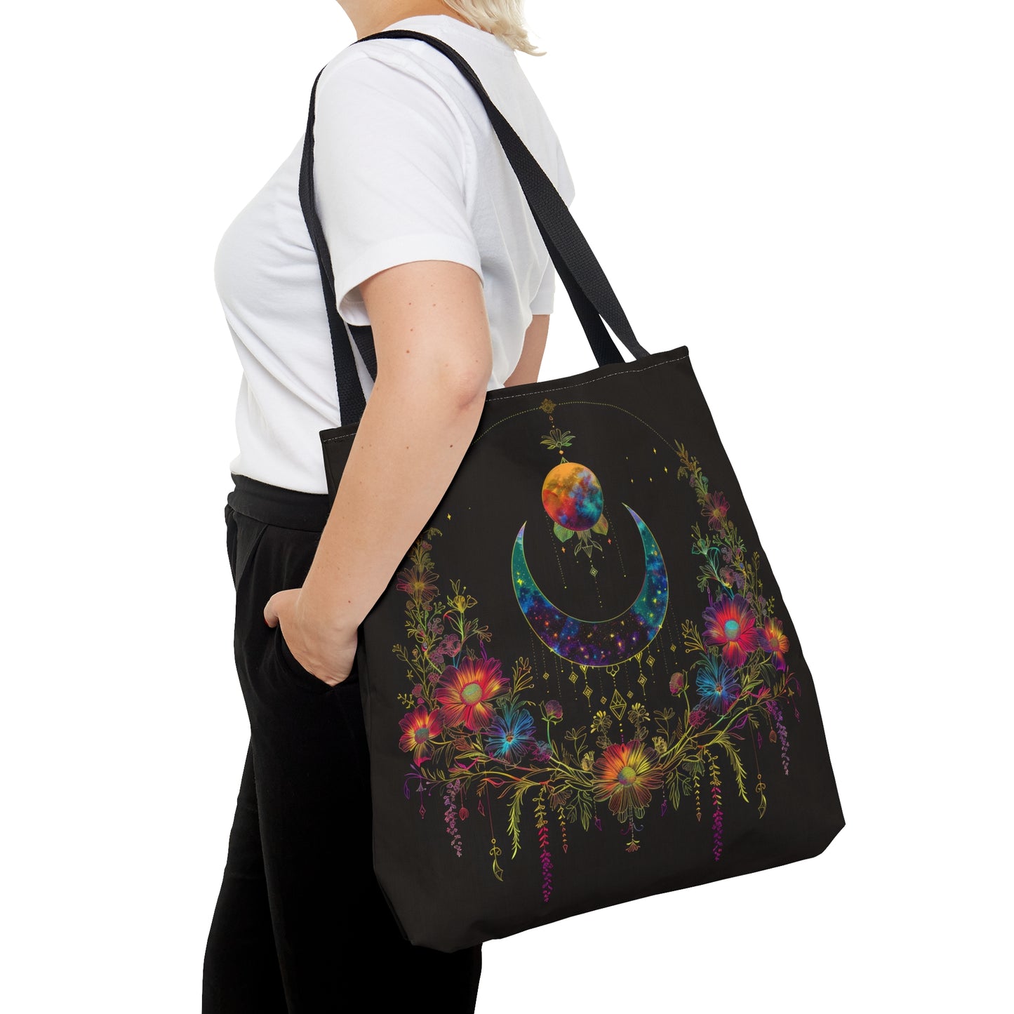 Celestial Garden Double-Sided Tote Bag, Cosmic Bloom Aesthetic, Moonlit Floral Symphony, Starlit Wilderness Design, Galactic Botanical Accessory