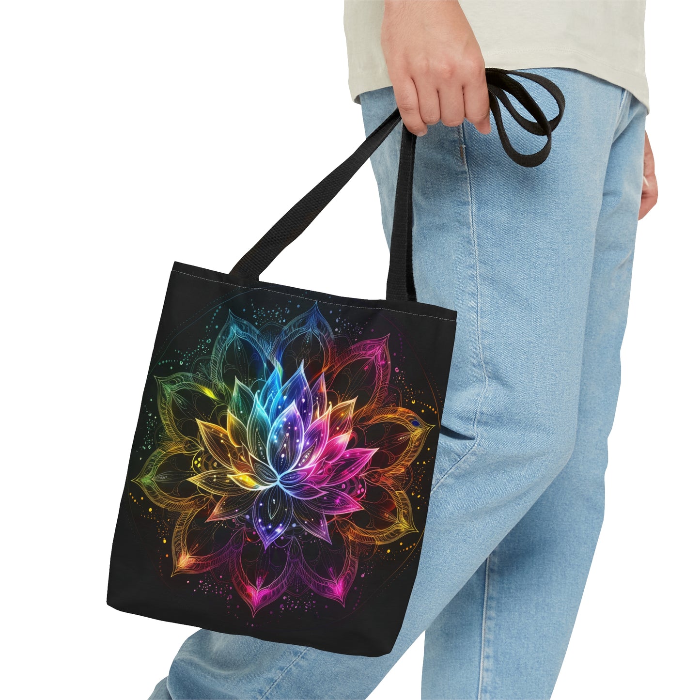 Luminous Lotus Double-Sided Tote Bag, Vibrant Energy Motif, Radiant Floral Mandala, Cosmic Bloom Design, Ethereal Color Spectrum Accessory