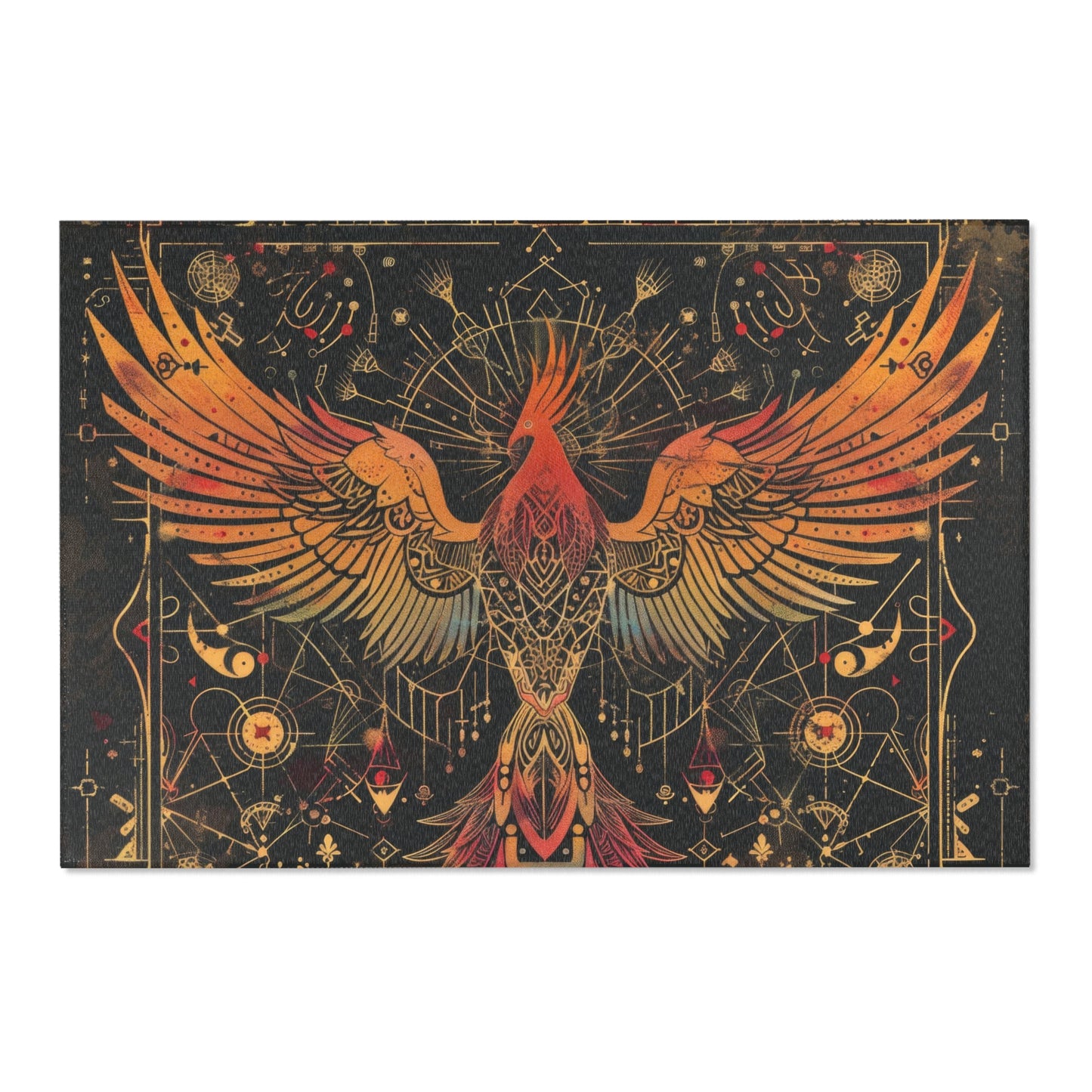 Rising Phoenix Polyester Chenille Area Rug (3 Sizes), Sacred Geometry Aesthetic, Dark Occult Bedroom, Living Room & Dorm Room Decor